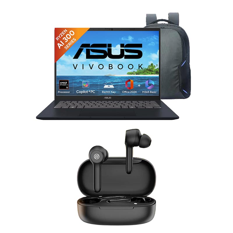 Picture of Asus Vivobook 14 - AMD Ryzen AI 5 330 14" (35.56 cm) M1407KA-LY132WS AI Powered Thin and Light Laptop (16GB/ 512GB SSD/ WUXGA Display/ AMD Radeon Graphics/ Windows 11 Home/ Office Home 2024/ 1Year Warranty/ Quiet Blue/ 1.46kg) with Laptop Bag + Noise Buds VS201 V3 in-Ear Truly Wireless Earbuds